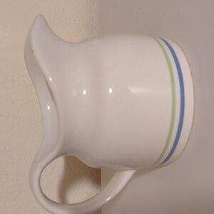 White Ceramic Pitcher with Green and Blue Stripes